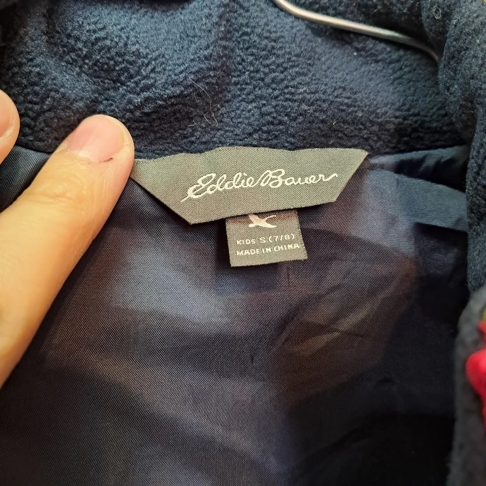Eddie Bauer Puffer Jacket Kids Small 7/8 Red Full Zip, Retro Logo on Chest